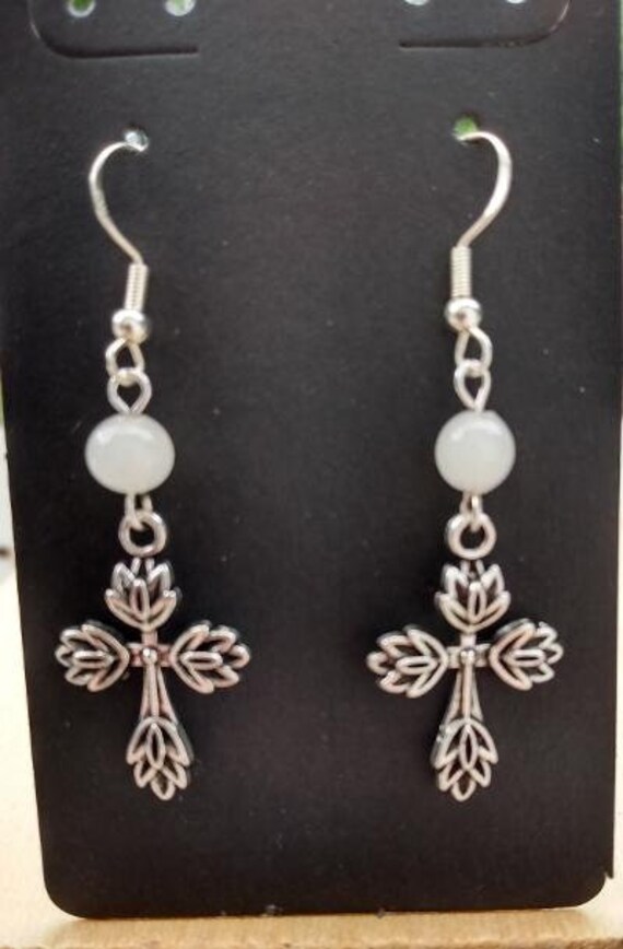 Pretty Silver Dangle Cross Earrings with Black Bead Sterling Etsy