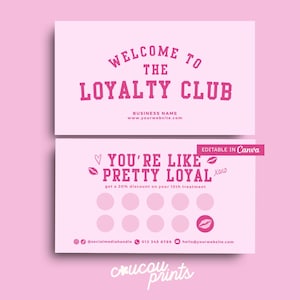 Modelo de cartão fidelidade rosa Canva, cartão perfurado editável para clientes, design de cartão de recompensas para impressão, cartões de desconto fidelidade para salão de beleza - Regina