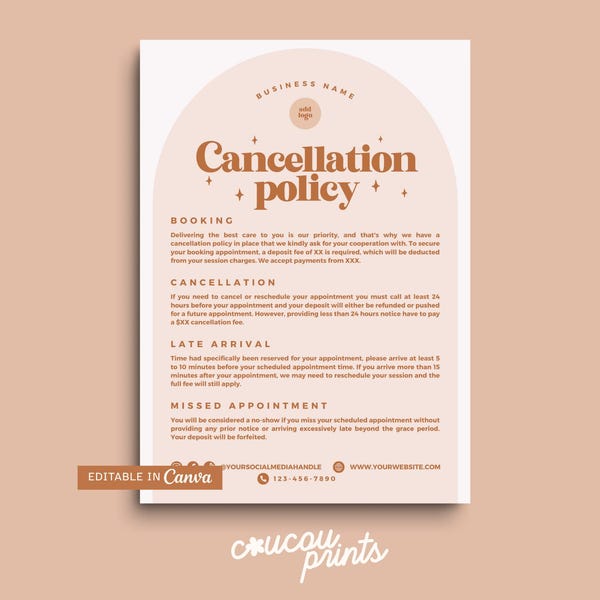Modello di politica di cancellazione modificabile, politiche di cancellazione retrò per centri benessere, cartello con le politiche di saloni di bellezza, unghie e capelli, modelli per estetiste - Daisy