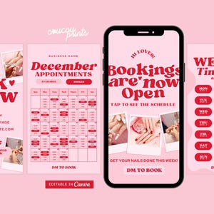 Puede incluir: Plantillas de marketing digital rosas para un salón de uñas. El diseño incluye una maqueta de teléfono con el texto "Bookings are now Open", un calendario de citas de diciembre y horarios semanales. Plantillas editables en Canva.