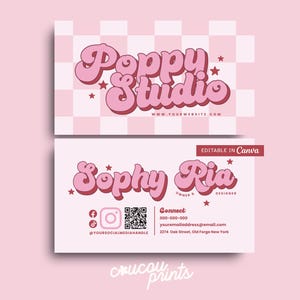 Rosa Retro Visitenkarte Vorlage QR-Code, benutzerdefinierte Telefonkarte, druckbare Schönheitssalon-Visitenkarte, bearbeitbare Visitenkarte Canva, Popy