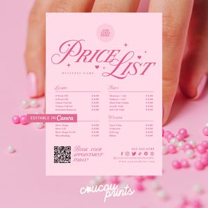 Bearbeitbare rosa Preisliste Vorlage Canva, druckbares Zahlungsschild, Schönheitssalon-Preisliste, Preisblattvorlage, Schild für kleine Unternehmen - Feb