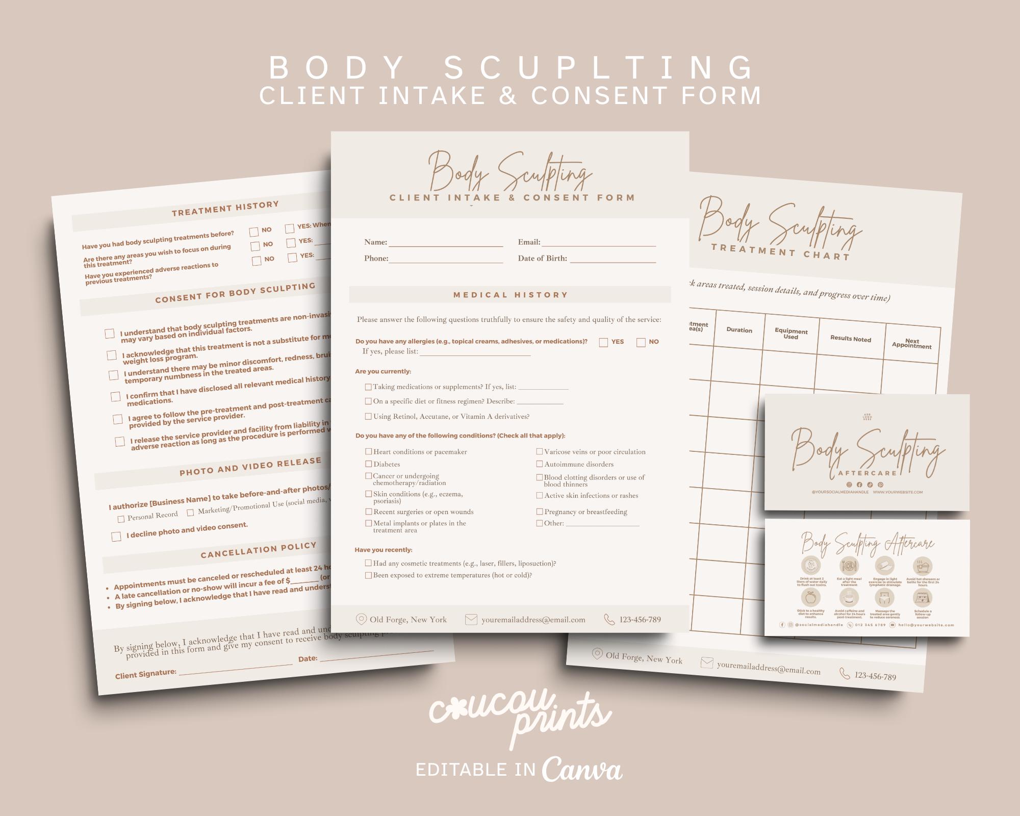 Body Sculpting Intake Forms, Body Contouring Consultation Consent, Body Shaping Treatment, Med Spa Forms, Client Intake Forms Canva, Elle