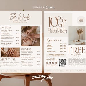 May include: A two-page editable beauty studio price list template in beige and brown. The design features the text Elle Woods Beauty Studio, a services menu, open hours, a 10% off promotion, a QR code, and placeholders for images and contact details.