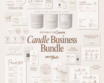 May include: A digital candle business branding bundle featuring editable templates for labels, order forms, price lists, gift certificates, business cards, and thank you cards. The set includes various beige and white stationery designs.