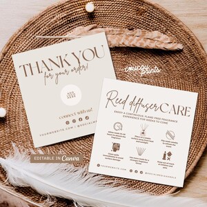 May include: Two square cards with beige backgrounds and dark brown text. One card reads THANK YOU for your order! with social media icons and a placeholder for a logo. The other card reads Reed diffuser CARE with instructions and icons.