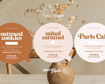 May include: Three circular candle labels in terracotta, light pink, and white. The labels feature the text Oatmeal Cookies, Salted Caramel, and Paris Cafe, along with Soy Wax Candle, Net Wt. 8 oz 200g 50hrs, and placeholders for business details.