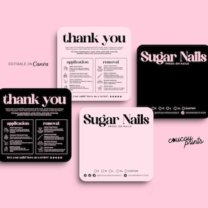 Puede incluir: Cuatro tarjetas cuadradas con esquinas redondeadas para la marca Sugar Nails de uñas postizas. Dos tarjetas son negras con texto rosa y dos son rosas con texto negro. Incluyen instrucciones de aplicación, retirada y iconos de redes sociales.