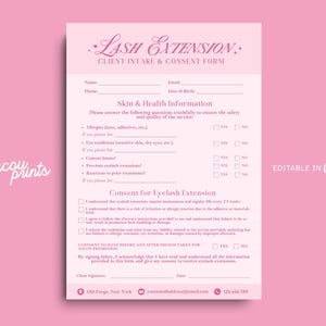 Eyelash Extension Form Canva, Lash Consent Forms, Lash Tech Consultation, Eyelash Aftercare Cards, Esthetician Beauty Salon Forms, Feb