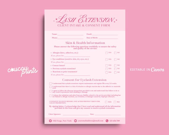 Eyelash Extension Form Canva, Lash Consent Forms, Lash Tech Consultation, Eyelash Aftercare Cards, Esthetician Beauty Salon Forms, Feb