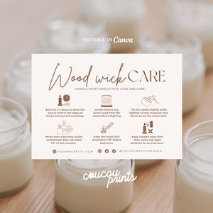 May include: A rectangular instructional card titled Wood wick CARE with brown text and icons on a cream background. It provides candle maintenance tips, including burning for 3-4 hours, trimming wicks to 1/8 inch, and safety warnings, surrounded by glass candle jars.