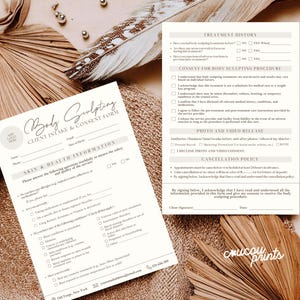 May include: Two cream-colored Body Sculpting client intake and consent forms. The forms include sections for client information, skin and health details, treatment history, consent, and cancellation policy. The forms are on a textured surface with decorative elements.