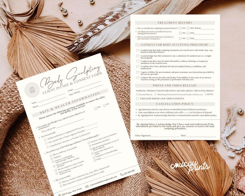 May include: Two cream-colored Body Sculpting client intake and consent forms. The forms include sections for client information, skin and health details, treatment history, consent, and cancellation policy. The forms are on a textured surface with decorative elements.