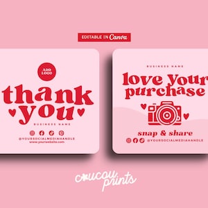Rosa Snap und Teilen Kartenvorlage, bearbeitbare Social Media Karte, Dankeschön Einlegekarte, Like & With Us Vorlage, Snap Tag Teilen, Sofi