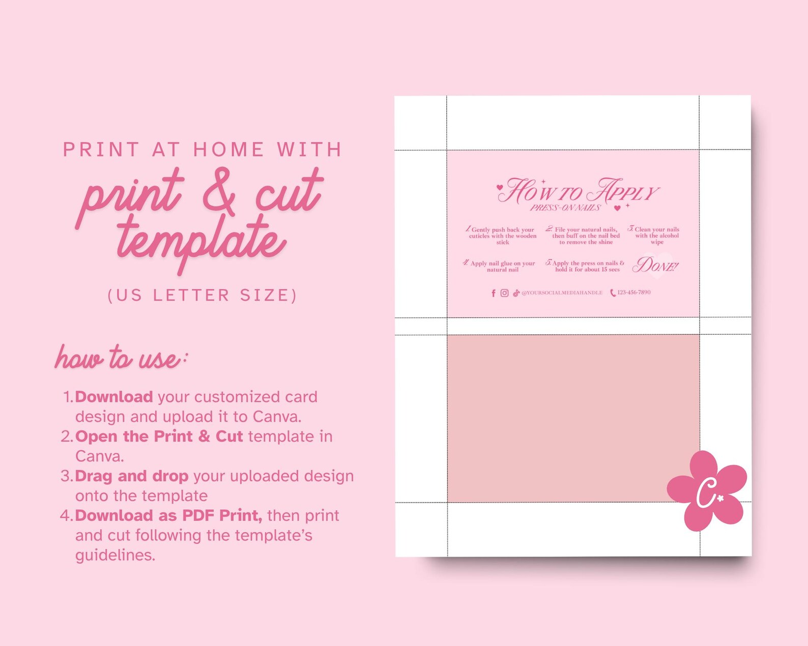 Pink How to Apply Press on Nails Instructions Card, Editable Fake Nails ...