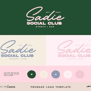 Pode incluir: Um modelo de logotipo para "Sadie Social Club" em três variações de cores: rosa sobre verde, azul sobre bege e rosa sobre rosa. O design inclui o texto "Sadie", "Social Club", "Events + Bar" e "Est. 2025". Uma paleta de cores também está incluída.