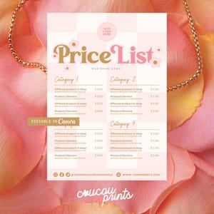 Puede incluir: Una plantilla de lista de precios rosa y blanca con un diseño floral. Las palabras "Price List" están en una fuente decorativa. La plantilla incluye secciones para categorías, descripciones de productos y precios. Las palabras "Editable in Canva" son visibles.