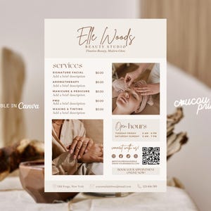 May include: A beige beauty studio service menu template featuring the text Elle Woods Beauty Studio, a list of services including facial and aromatherapy, open hours, a QR code, and two photographs showing a facial treatment and hands with rings.