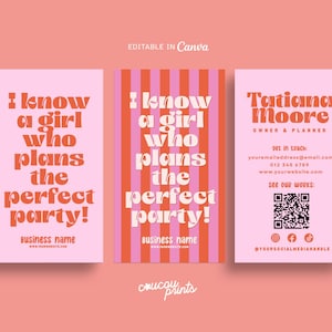 Könnte beinhalten: Drei vertikale Visitenkartenvorlagen in Hellrosa und Koralle. Zwei Karten zeigen den Text I know a girl who plans the perfect party! in einer fetten Schrift. Die dritte Karte enthält Kontaktdaten für Tatiana Moore, einen QR-Code und Social-Media-Symbole.