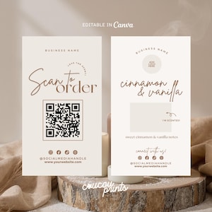 Puede incluir: Dos tarjetas de visita beige con texto marrón. Una tarjeta dice "Scan to Order" con un código QR. La otra tarjeta dice "cinnamon & vanilla" con "I'm scented!" y "sweet cinnamon & vanilla notes".