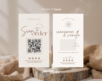 May include: Two beige business cards with brown text. One card says "Scan to Order" with a QR code. The other card says "cinnamon & vanilla" with "I'm scented!" and "sweet cinnamon & vanilla notes".