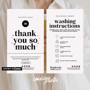 Cartão de cuidados com instruções de lavagem Canva, cartão de cuidados com camisetas editável, instruções de cuidados com roupas, cartão de agradecimento para impressão na embalagem