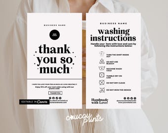Washing Instructions Care Card Canva, Editable T Shirt Care Card, Clothing Care Instructions, Printable Thank You Packaging Insert Card