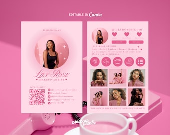 Plantilla de tarjeta de presentación rosa para Instagram en Canva, tarjetas para salones de maquillaje, tarjeta digital con código QR, tarjetas para influencers de Instagram (cabello y uñas) - Febrero