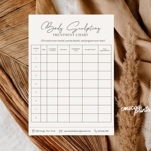 May include: A cream-colored Body Sculpting Treatment Chart with a grid for tracking session details and progress. The chart includes sections for date, duration, equipment used, and results. The text "crucau prints" is in the bottom right corner.