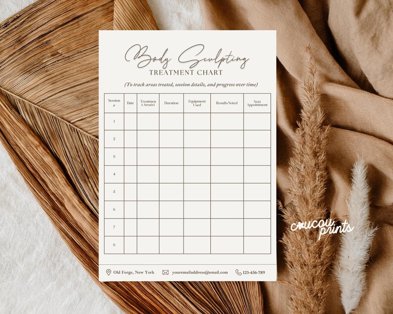 May include: A cream-colored Body Sculpting Treatment Chart with a grid for tracking session details and progress. The chart includes sections for date, duration, equipment used, and results. The text "crucau prints" is in the bottom right corner.