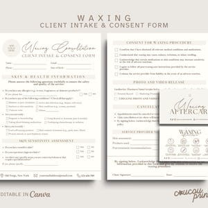 May include: A beige and white Waxing Client Intake & Consent Form, with a matching business card. The form includes sections for skin and health information, consent, and aftercare instructions. The text "Editable in Canva" is at the bottom.