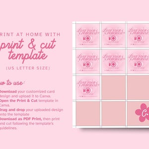 May include: A pink US letter size print and cut template featuring instructions and a grid of seven square cards. Each card displays the text Love Your Purchase, a camera icon, and social media symbols. A pink flower icon with a C is in the corner.