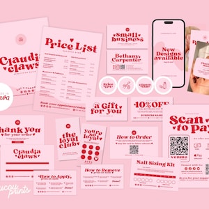 Pacote de negócios Pink Press On Nail, cartão de embalagem de produto para unhas, como aplicar instruções de design de kit de dimensionamento de unhas, obrigado editável, Sofi