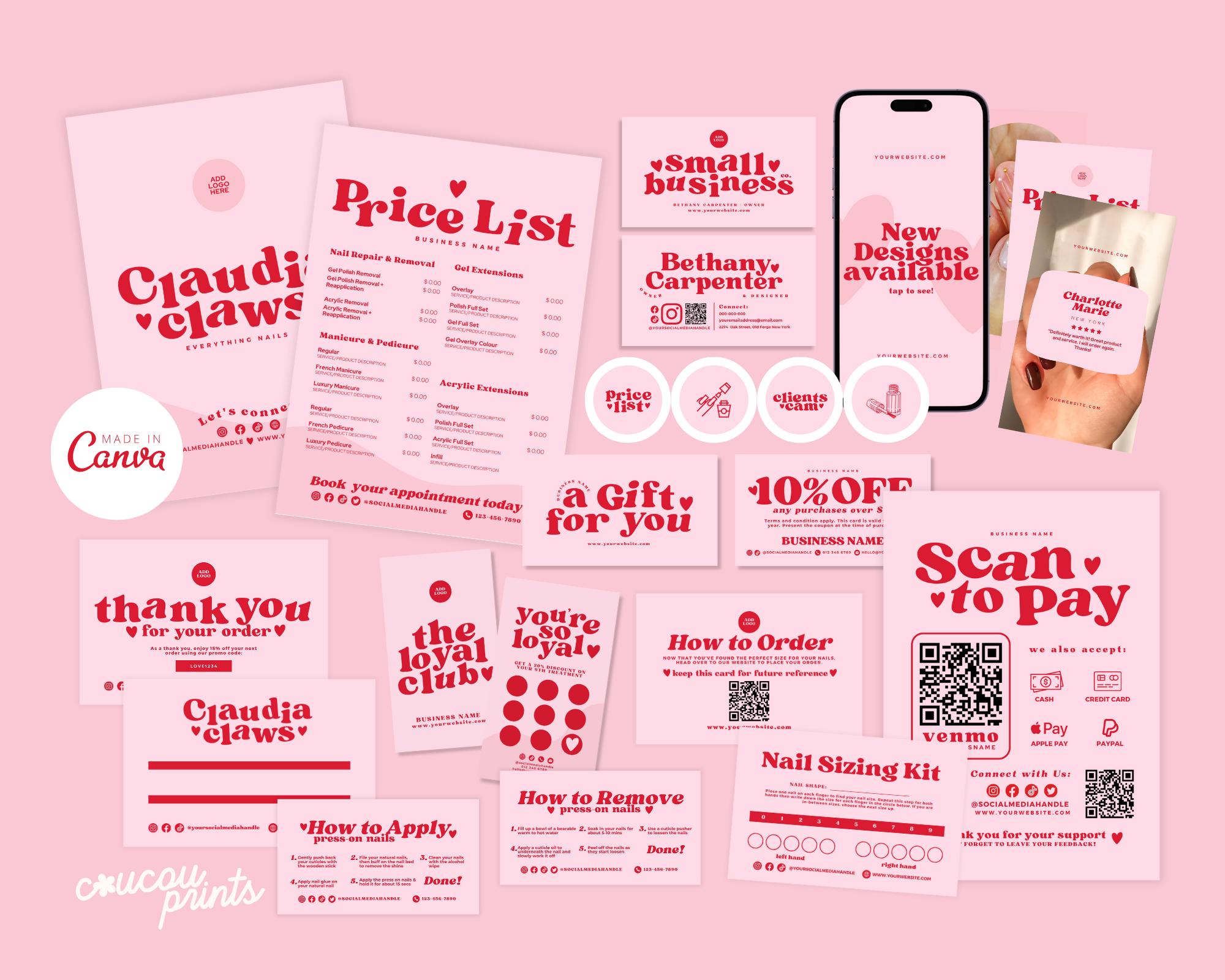 Pink Press On Nail Business Bundle, Nails Product Packaging Card, How To Apply Instruction Nails Sizing Kit Design, Thank You Editable, Sofi