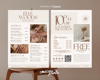Modello di volantino per estetista di 2 pagine, volantino per spa e benessere, volantino per servizi di cura della pelle, volantino per salone di bellezza, volantino per trattamento idrafacciale su Instagram, Canva, Elle