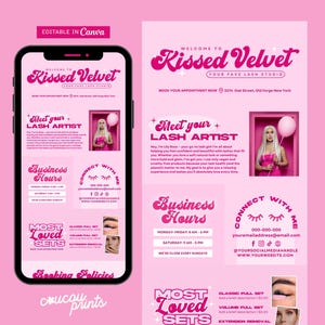 Può includere: Un volantino promozionale rosa e un mockup di telefono per Kissed Velvet, un salone di ciglia. Il volantino include testo come "Meet your Lash Artist", "Business Hours" e "Most Loved Sets". Il telefono mostra le stesse informazioni. È presente una donna con i capelli biondi.