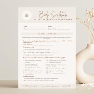 May include: A beige Body Sculpting Client Intake & Consent Form with a logo placeholder, fields for name, email, and medical history questions. A decorative vase with dried flowers is on the right.