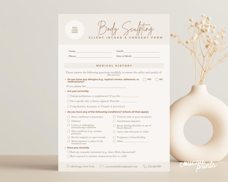 May include: A beige Body Sculpting Client Intake & Consent Form with a logo placeholder, fields for name, email, and medical history questions. A decorative vase with dried flowers is on the right.