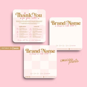 May include: Three square cards with a light pink and white checkered pattern. The cards feature gold text reading Thank You for your order and Brand Name Press on nails studio, along with icons for nail application and removal instructions.
