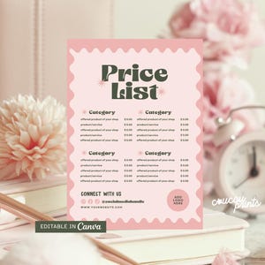 Puede incluir: Una plantilla de lista de precios rectangular con borde festoneado en rosa claro, con texto en verde oscuro que dice Price List, Category y Connect With Us. El diseño incluye marcadores de posición para productos, servicios y un logo, editable en Canva.