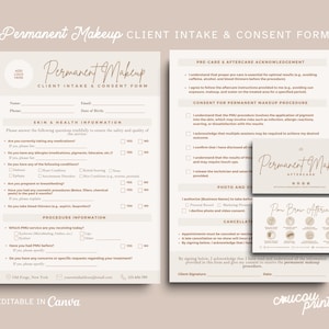 Permanent Makeup Forms, Editable PMU Consent Form Template, Makeup Consultation, PMU Aftercare Card, Printable Client Intake Forms,  Elle