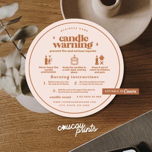 Candle Warning Label Template Design, Editable Candle Warning Card, Candle Care Instructions Card, Candle Safety Sticker Label Canva - Daisy