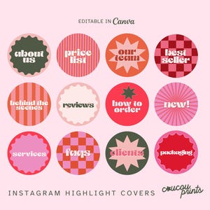 Puede incluir: Conjunto de portadas destacadas de Instagram con diseños retro y textos como "About Us", "Price List" y "Best Seller". Los diseños utilizan rosa, rojo y naranja, con un fondo rosa claro.