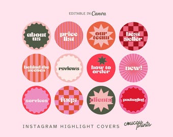 Könnte beinhalten: Instagram Highlight Cover-Set mit Retro-Designs und Texten wie "About Us", "Price List" und "Best Seller". Die Designs sind in Rosa, Rot und Orange gehalten, mit einem hellrosa Hintergrund.