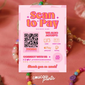 Modelo editável de pagamento por QR Code, placa imprimível, placa de pagamento aceito, placa de pagamento CashApp, PayPal e Venmo, pagamento digital no Canva, Pony