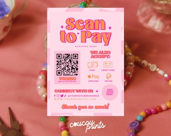 Plantilla editable de escaneo para pago, letrero de código QR imprimible, letrero de pago aceptado, letrero de pago CashApp PayPal Venmo, pago digital Canva, Pony