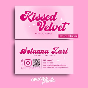 Printable Pink Business Card Template QR Code, DIY Calling Card, Modern Business Card, Editable Business Card Canva, Instant Download - Kiss