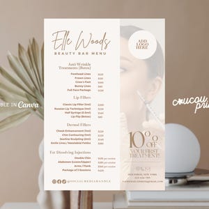 Szablony projektów cen estetycznych, katalog menu salonów kosmetycznych z botoksem i wypełniaczem ust, cena wstrzykiwacza pielęgniarskiego, menu cenowe MedSpa, Elle