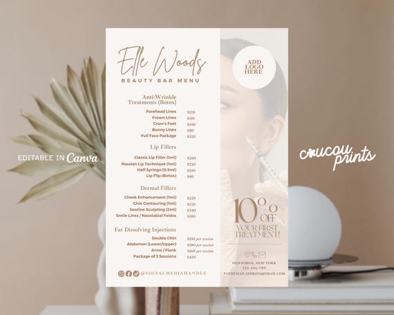 Aesthetic Price List Design Templates, Beauty Salon Botox Lip Filler Fat Removal Menu Catalog, Nurse Injector Price, MedSpa Price Menu, Elle