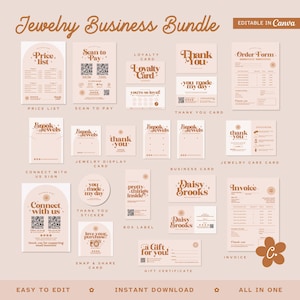 Pacote de Joias para Negócios, Embalagem para Joias, Encarte para Brincos, Cartão de Exposição para Colar, Cartão de Agradecimento para Cuidados com Joias, Canva, Daisy